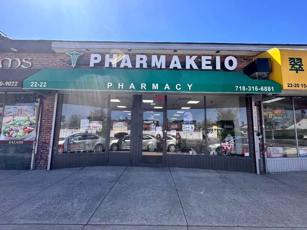 Pharmakeio Pharmacy storefront on 154th St in Whitestone